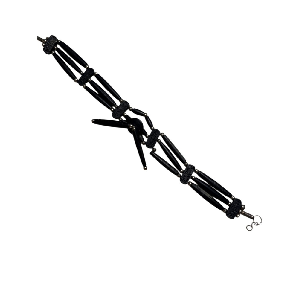 Vintage Black Multi Strand Horn Bead Choker Necklace Carved‎ Spacers Silver Tone - Picture 2 of 5